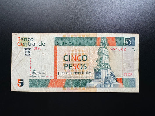 Cuba 5 Pesos Banknote 2005 Old Circulated Banknote Bank Bill P- FX44