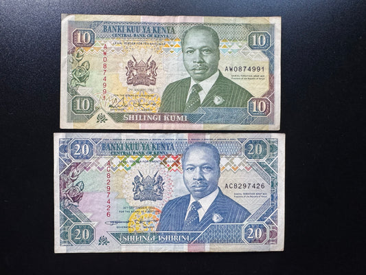 Kenya 10, 20 Shillings Banknotes 1993-94 Old Circulated Paper Bank Bills 2pcs/Lot