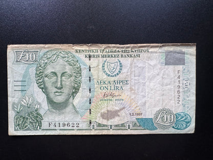 Cyprus 10 Pound Lira Banknote 1997 Old Circulated Paper Money Bank Bill P-62