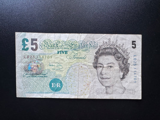England 5 Pound GBP Banknote 2002 old Circulated Paper Money Bank Bill P-391