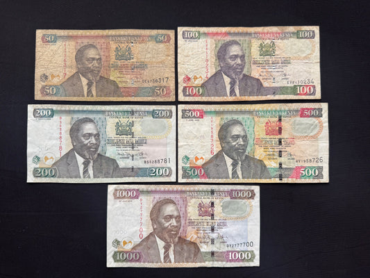 Kenya 50, 100, 200, 500, 1000 Shillings Banknotes 2005-2010 Bills 5pcs / Lot