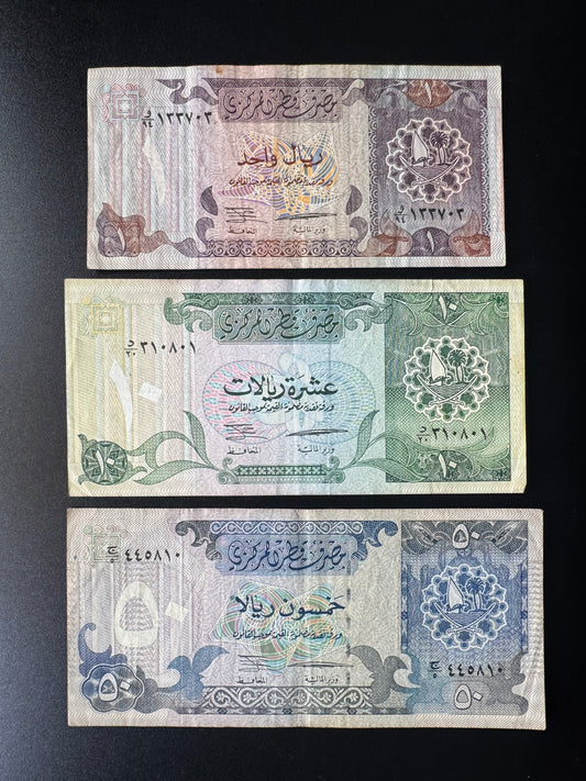 Qatar 1, 10, 50 Riyals Banknotes 1996 Old VF-Circulated Bank Bills 3Pcs/Lot