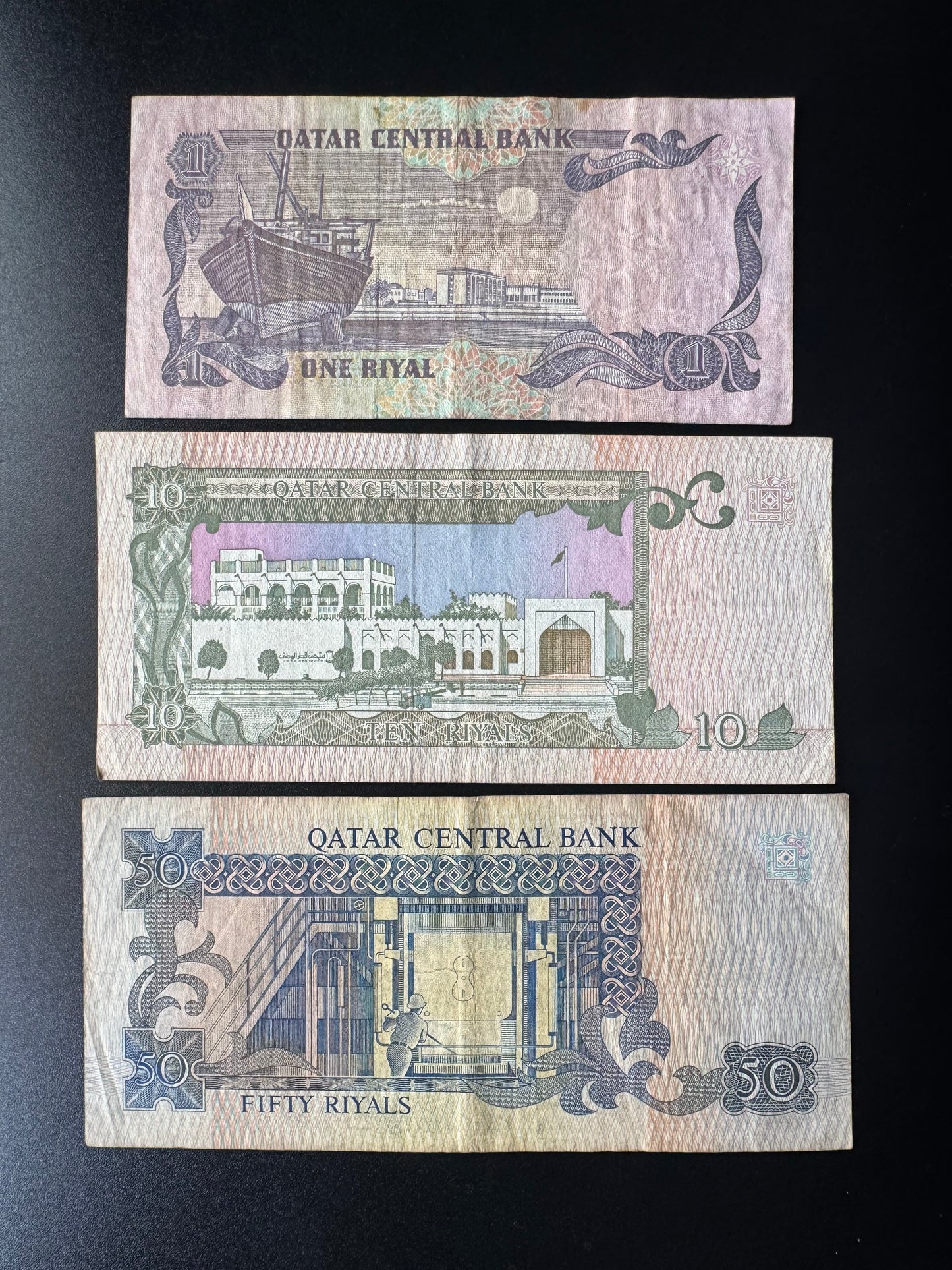 Qatar 1, 10, 50 Riyals Banknotes 1996 Old VF-Circulated Bank Bills 3Pcs/Lot