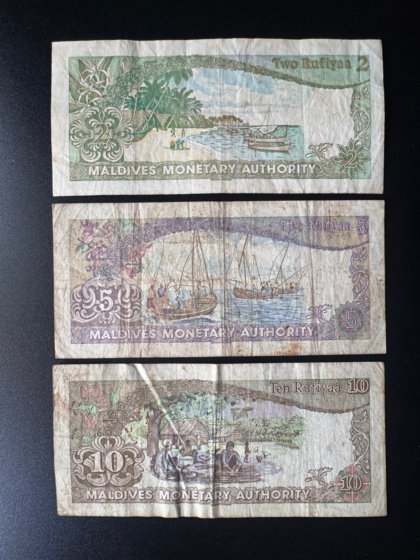 Maldives 2, 5, 10 Rufiyaa Banknotes 1983 Old 2nd Issue Bank Paper Bills 3Pcs/Lot