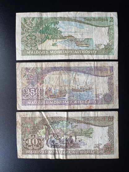 Maldives 2, 5, 10 Rufiyaa Banknotes 1983 Old 2nd Issue Bank Paper Bills 3Pcs/Lot