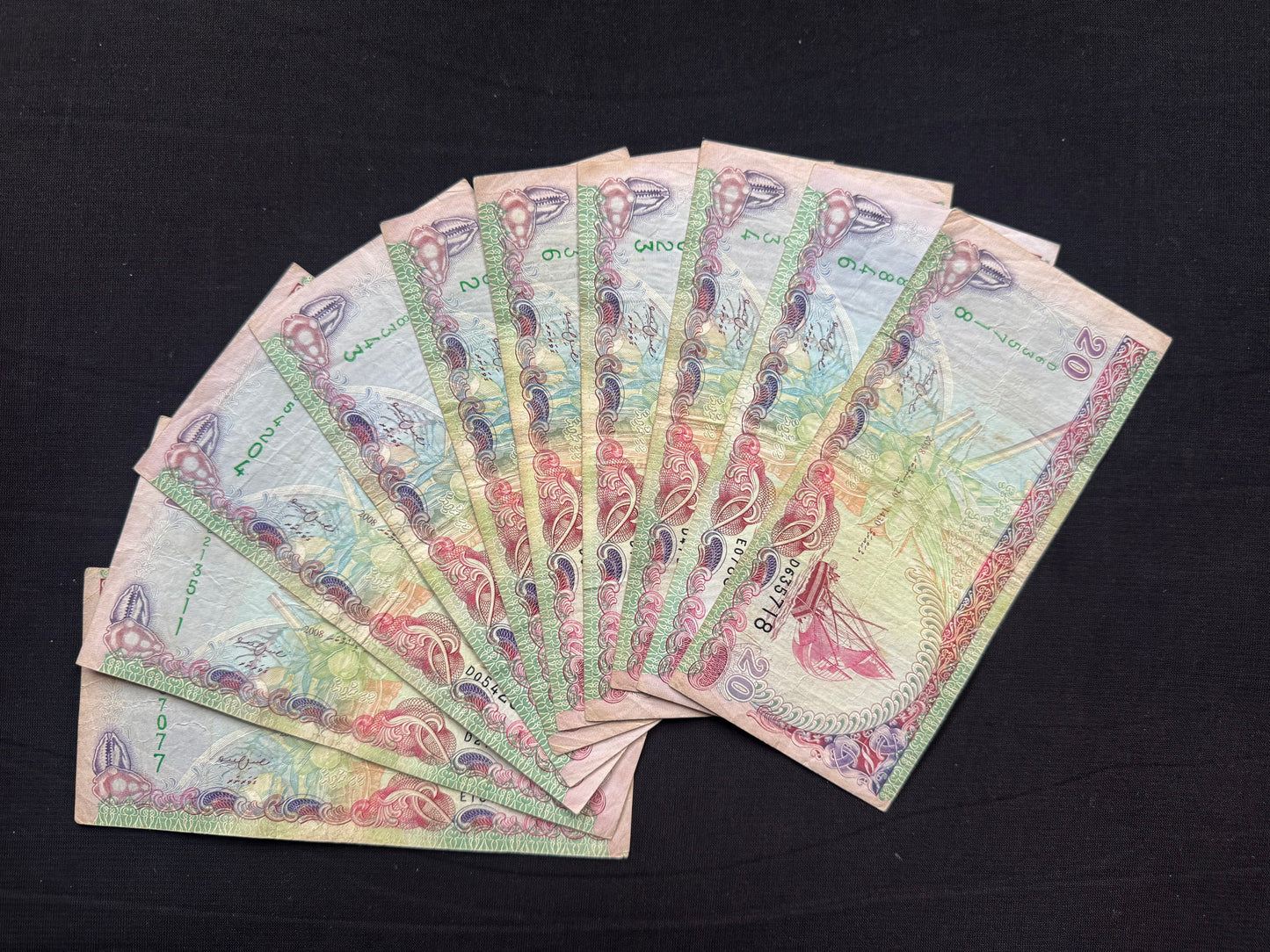 Maldives 20 Rufiyaa Banknotes 2008 Old Paper Money Bills 10 Pcs / Lot P-20c