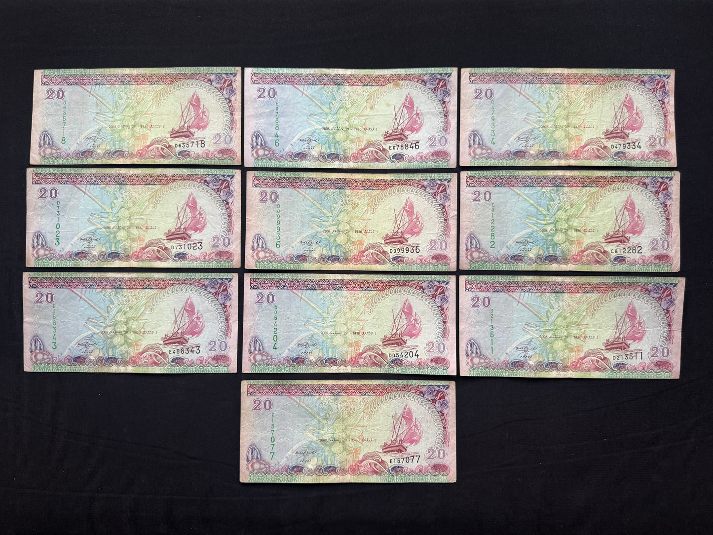 Maldives 20 Rufiyaa Banknotes 2008 Old Paper Money Bills 10 Pcs / Lot P-20c