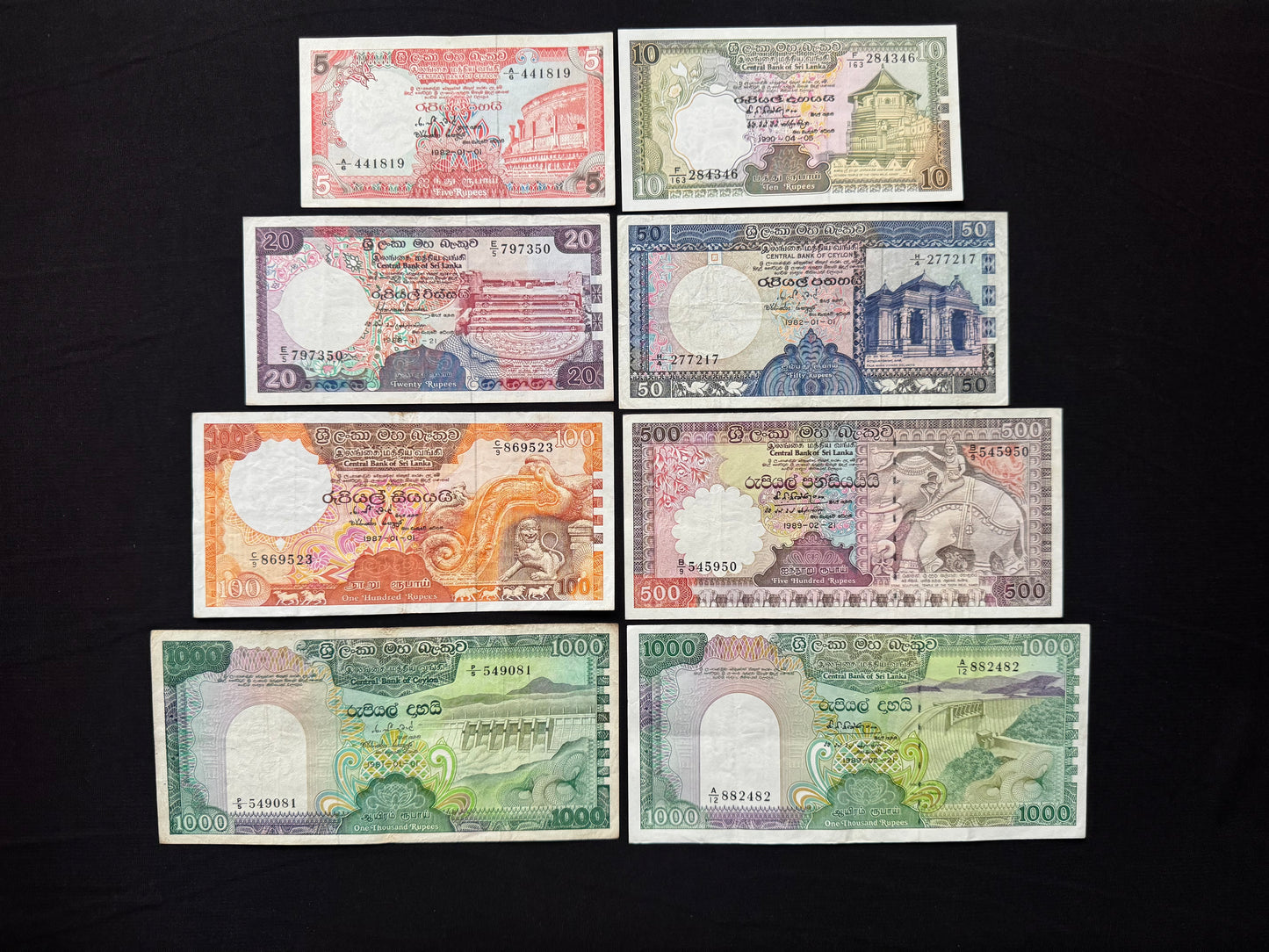 Sri Lanka 5-1000 Rupees Banknotes Old 1980's Historical Series 8/Pcs Full set