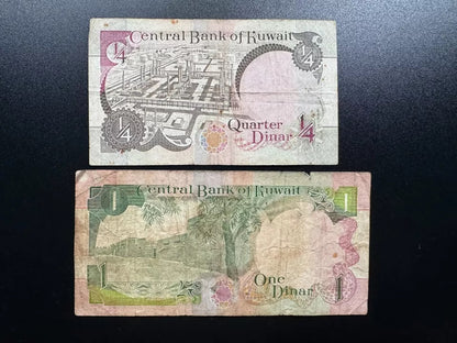 Kuwait 1/4, 1 Dinar Banknotes 1992 Old Circulated Rare Paper Bank Bills 2pcs/Lot