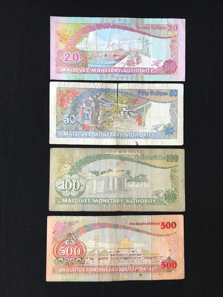 Maldives 2, 5, 10, 20, 50, 100, 500 Rufiyaa Banknotes 1980-2006 7pcs Full Set