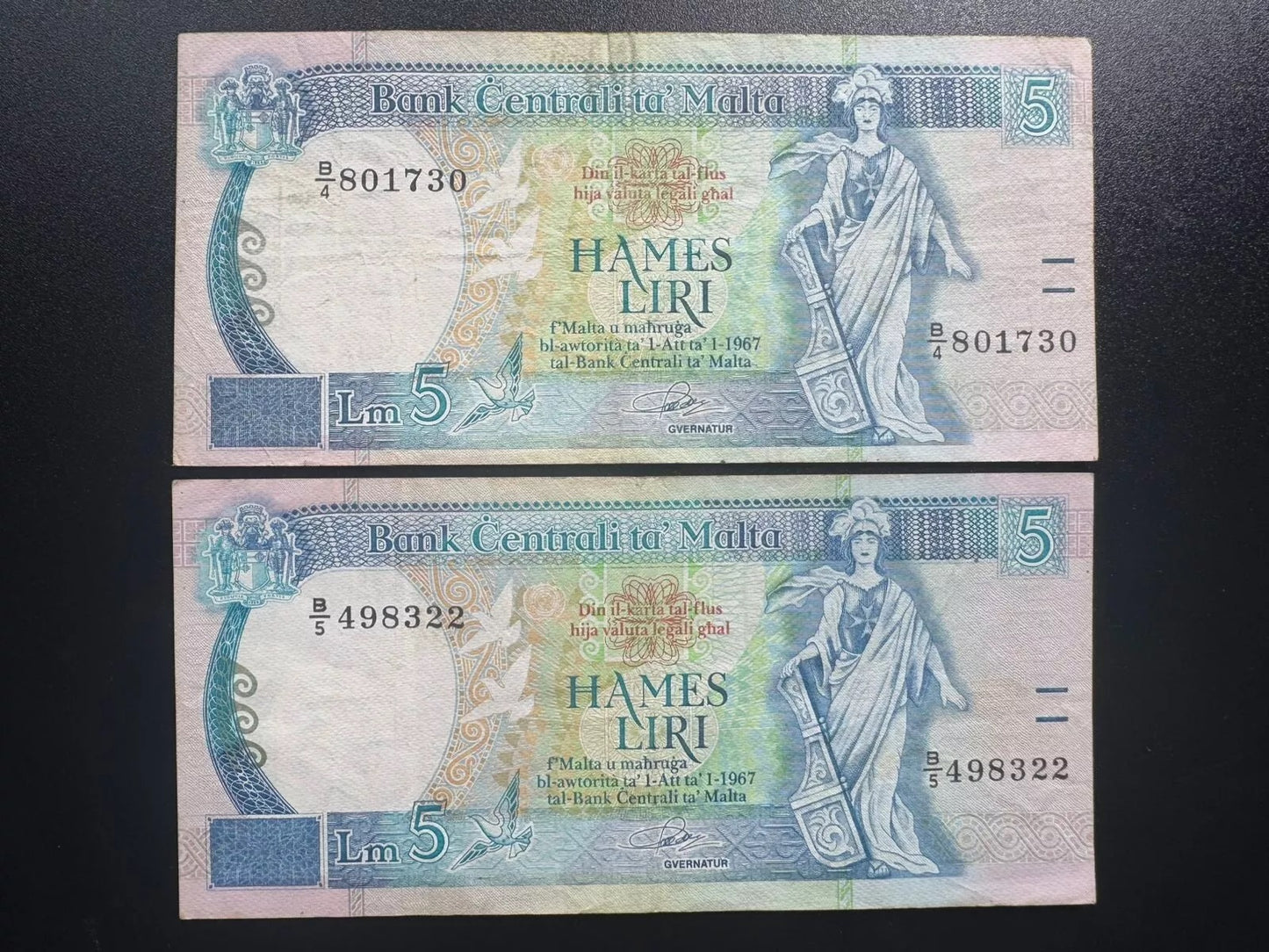 Malta 5 Lire Banknotes 1989 old B4 & B5 - Prefixes Bills P-42 Pair 2pcs/Lot Set