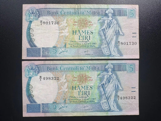 Malta 5 Lire Banknotes 1989 old B4 & B5 - Prefixes Bills P-42 Pair 2pcs/Lot Set