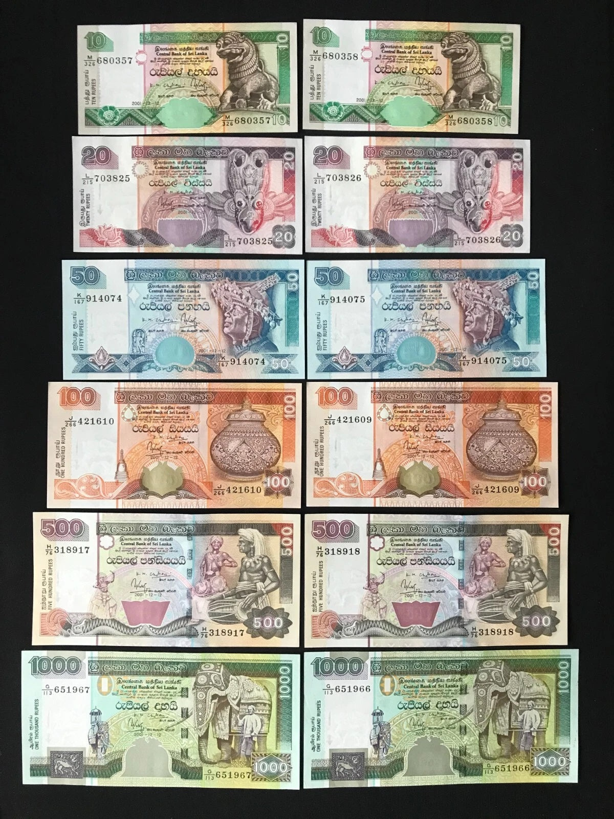 Sri Lanka 10-1000 Rupees Banknotes 2001 UNC Pair S/N Consecutive Number Full set 12Pcs/Lot