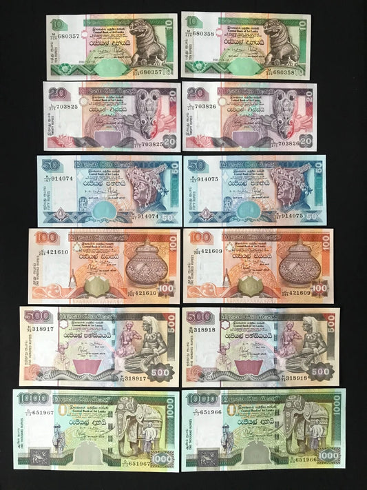 Sri Lanka 10-1000 Rupees Banknotes 2001 UNC Pair S/N Consecutive Number Full set 12Pcs/Lot