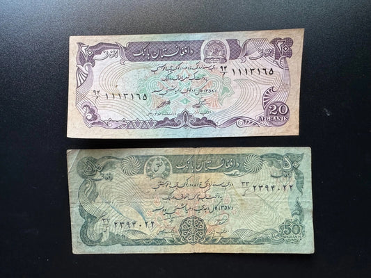 Afghanistan 20, 50 Afghanis Banknotes 1979-83 Old Circulated Bills 2Pcs / Lot