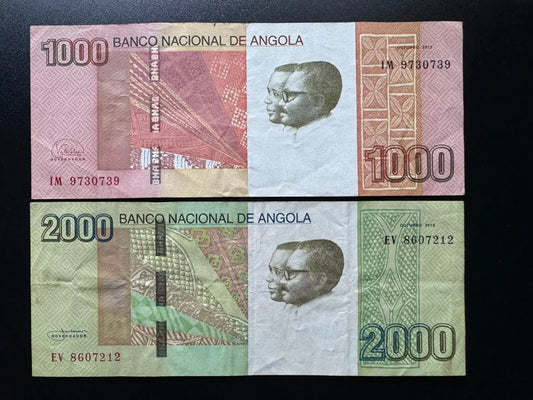 Angola 1000, 2000 Kwanzas Banknotes 2012 Circulated Paper Bank Bills 2Pcs/Lot