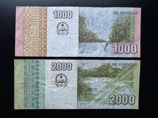 Angola 1000, 2000 Kwanzas Banknotes 2012 Circulated Paper Bank Bills 2Pcs/Lot
