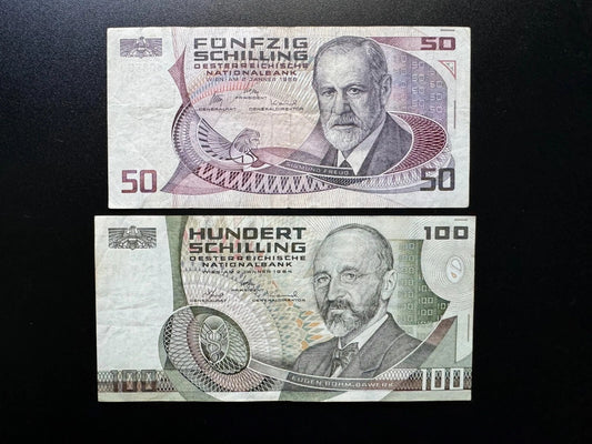 Austria 50, 100 Schilling Banknotes 1984-86 old Circulated Bank Bills 2Pcs / Lot