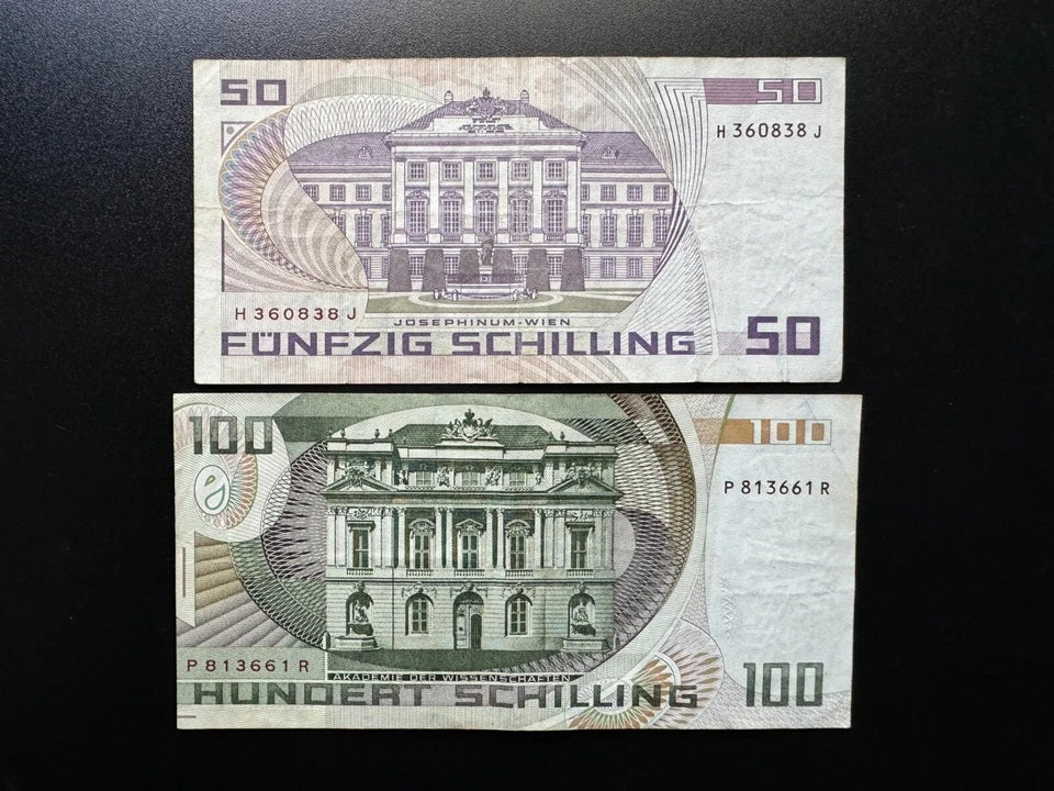 Austria 50, 100 Schilling Banknotes 1984-86 old Circulated Bank Bills 2Pcs / Lot