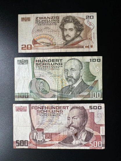 Austria 20, 100, 500 Schilling Banknotes 1984-85-86 old Bank Bills 3Pcs / Lot