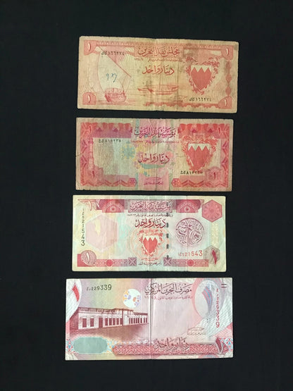 Bahrain 1 Dinar Banknotes Old Circulated 4 Series Paper Bank Bills 4Pcs / Lot