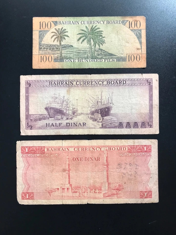 Bahrain 100 Fills & 1/2, 1 Dinar Banknotes 1964 Old Circulated First Issued Rare Bank Bills 3pcs / Lot