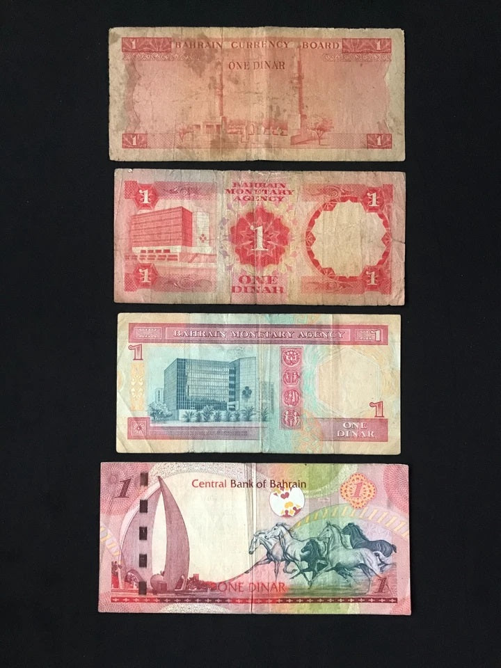 Bahrain 1 Dinar Banknotes Old Circulated 4 Series Paper Bank Bills 4Pcs / Lot