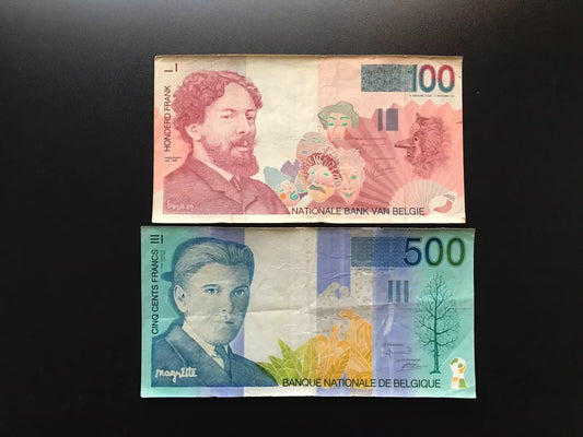 Belgium 100, 500 Francs Banknotes 1994-2001 old Circulated Bank Bills 2Pcs/Lot