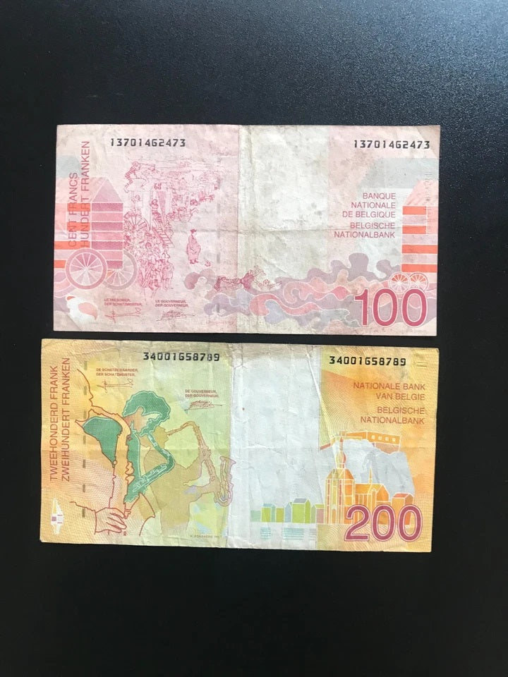 Belgium 100, 200 Francs Banknotes old Circulated Paper Money Bank Bills 2Pcs/Lot
