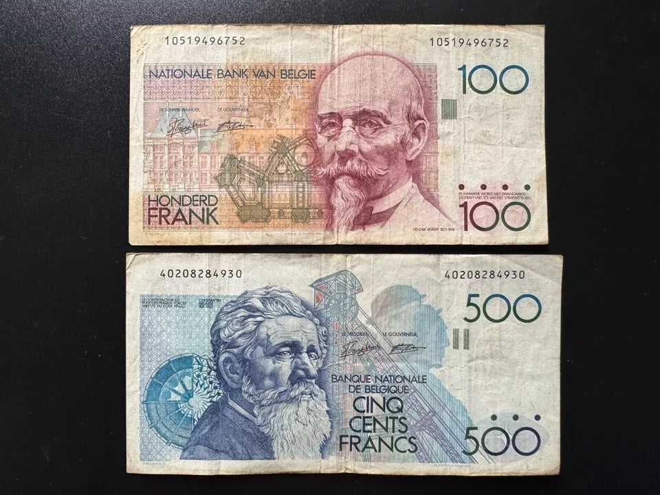 Belgium 100, 500 Francs Banknotes 1982-98 old Circulated Bank Bills 2Pcs/Lot set