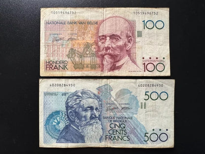 Belgium 100, 500 Francs Banknotes 1982-98 old Circulated Bank Bills 2Pcs/Lot set