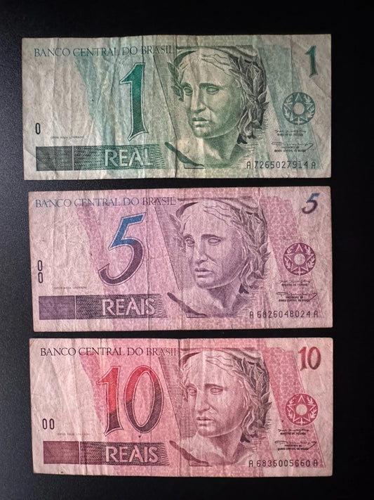 Brazil 1,5,10 Reais Banknotes old Circulated Paper Money Bank Bills 3Pcs/Lot