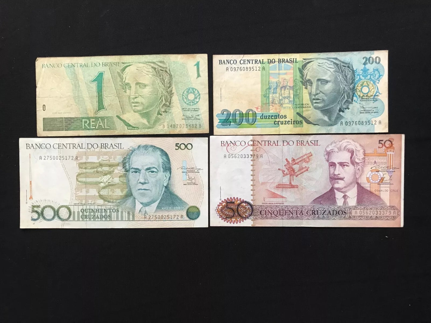 Brazil 1, 50, 200, 500 Cruzeiros Banknotes Old Circulated Bank Bills 4Pcs / Lot