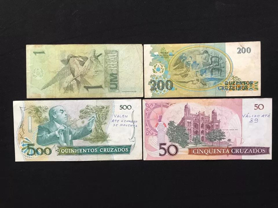 Brazil 1, 50, 200, 500 Cruzeiros Banknotes Old Circulated Bank Bills 4Pcs / Lot