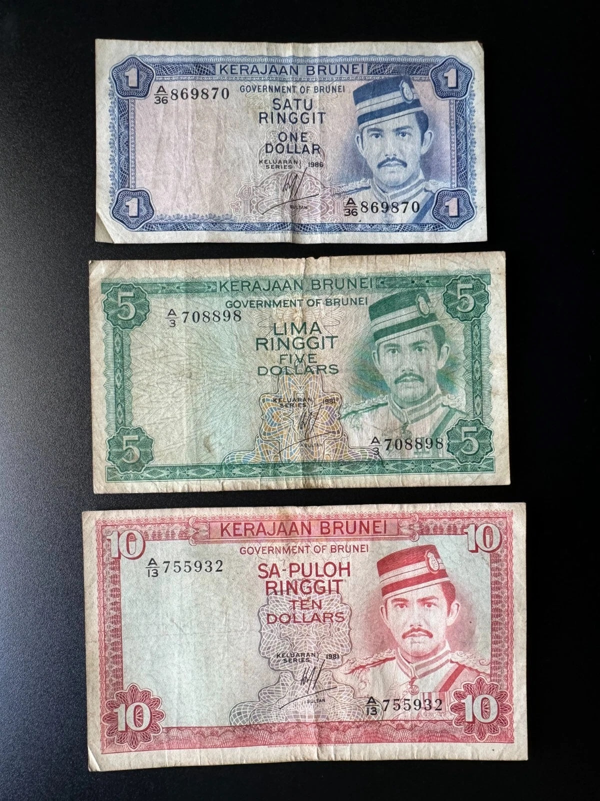 Brunei 1, 5, 10 Dollars Banknotes 1981-86 Old Circulated Bills 3 Pcs/Lot Set