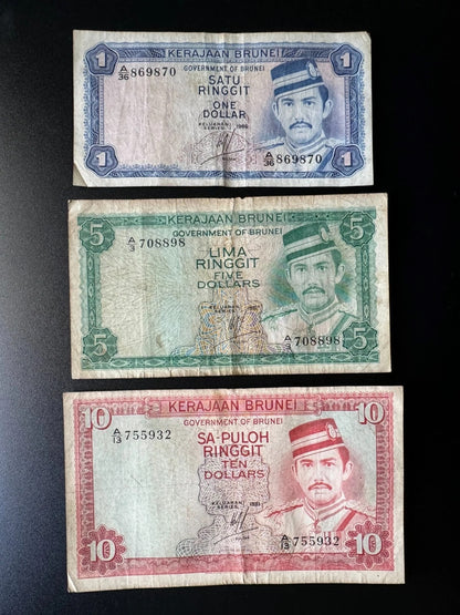 Brunei 1, 5, 10 Dollars Banknotes 1981-86 Old Circulated Bills 3 Pcs/Lot Set