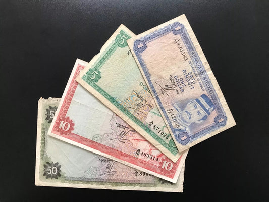 Brunei 1, 5, 10, 50 Dollars Banknotes 1981-88 Old Circulated Bills 4 Pcs/Lot Set