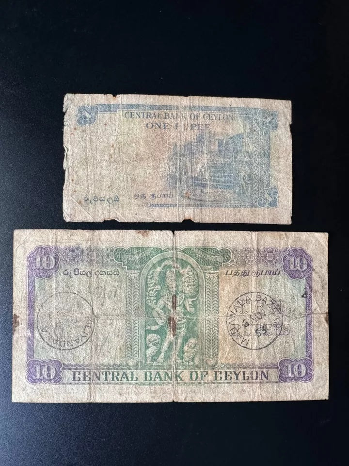 British Ceylon 1 & 10 Rupees Banknotes 1951 Old King George Bank Bills 2Pcs/Lot