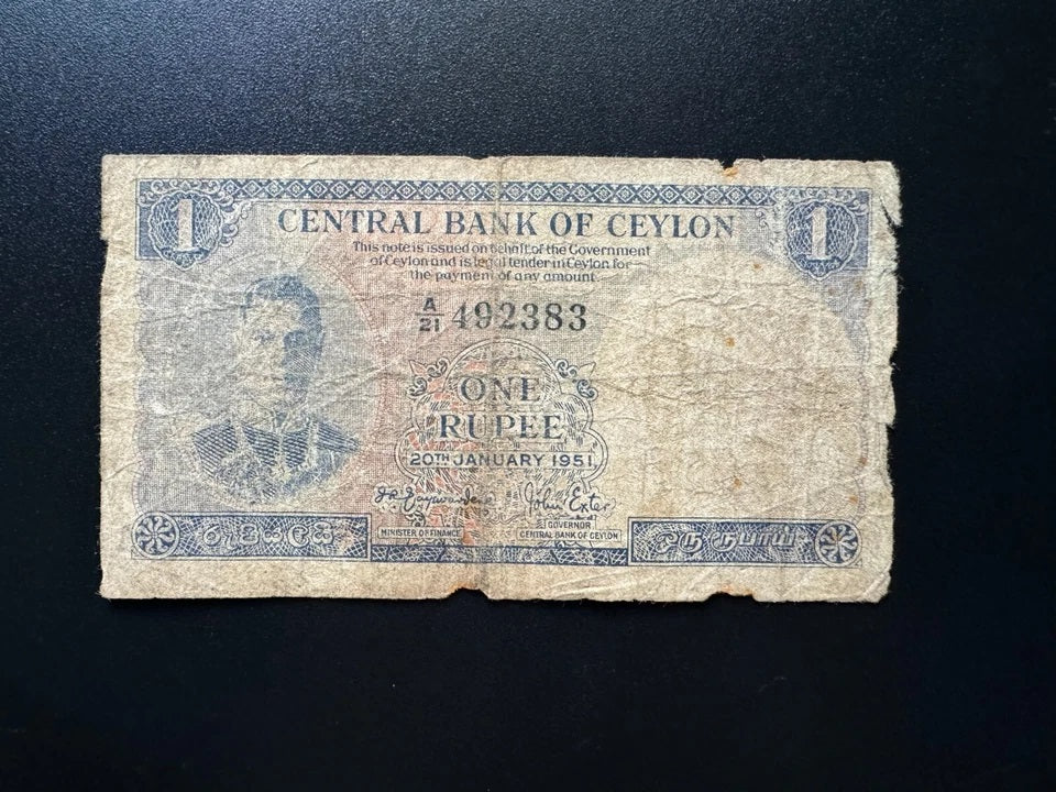 British Ceylon 1 & 10 Rupees Banknotes 1951 Old King George Bank Bills 2Pcs/Lot