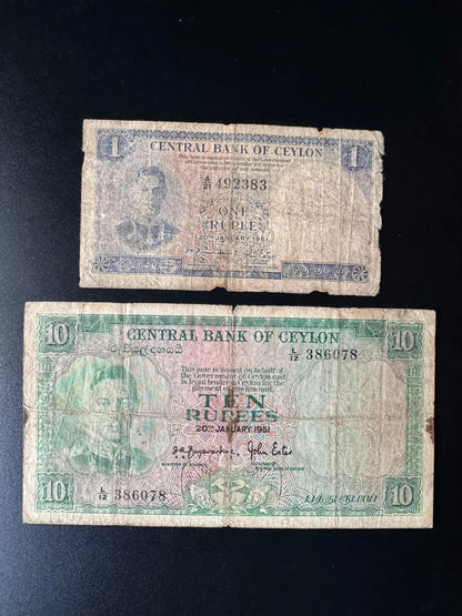 British Ceylon 1 & 10 Rupees Banknotes 1951 Old King George Bank Bills 2Pcs/Lot
