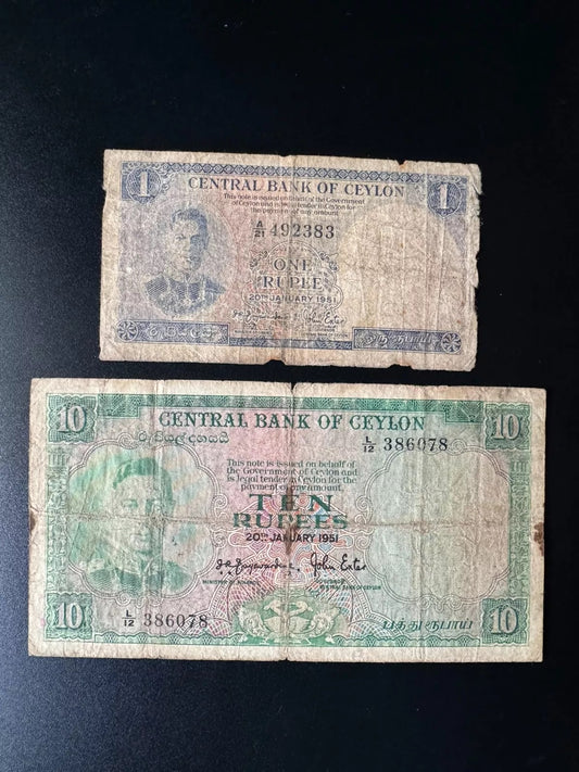 British Ceylon 1 & 10 Rupees Banknotes 1951 Old King George Bank Bills 2Pcs/Lot