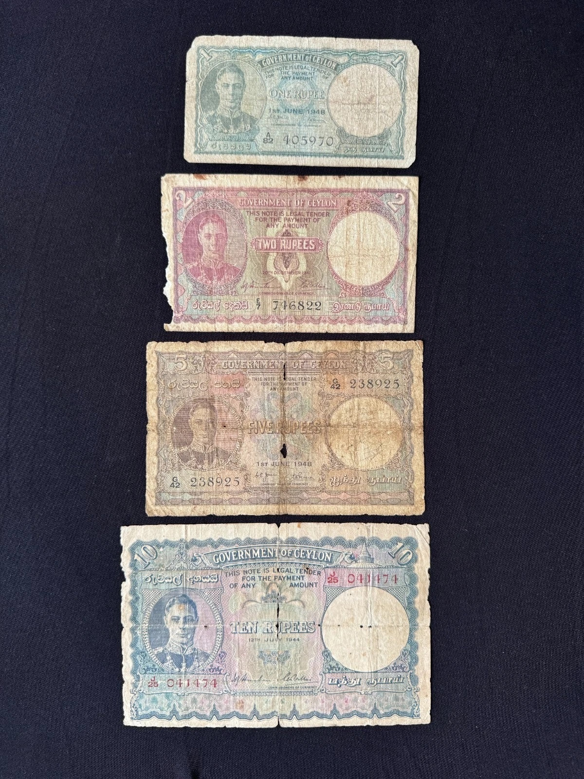 British Ceylon 1, 2, 5, 10 Rupees Banknotes Old King George Bank Bills 4Pcs/Lot