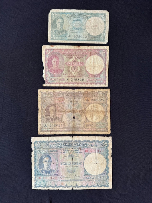 British Ceylon 1, 2, 5, 10 Rupees Banknotes Old King George Bank Bills 4Pcs/Lot