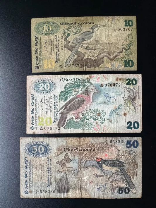 Ceylon 10, 20 .50 Rupees Banknotes 1979 Old fauna floral series Bills 3 Pcs/Lot