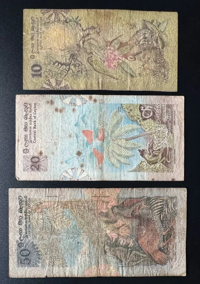 Ceylon 10, 20 .50 Rupees Banknotes 1979 Old fauna floral series Bills 3 Pcs/Lot