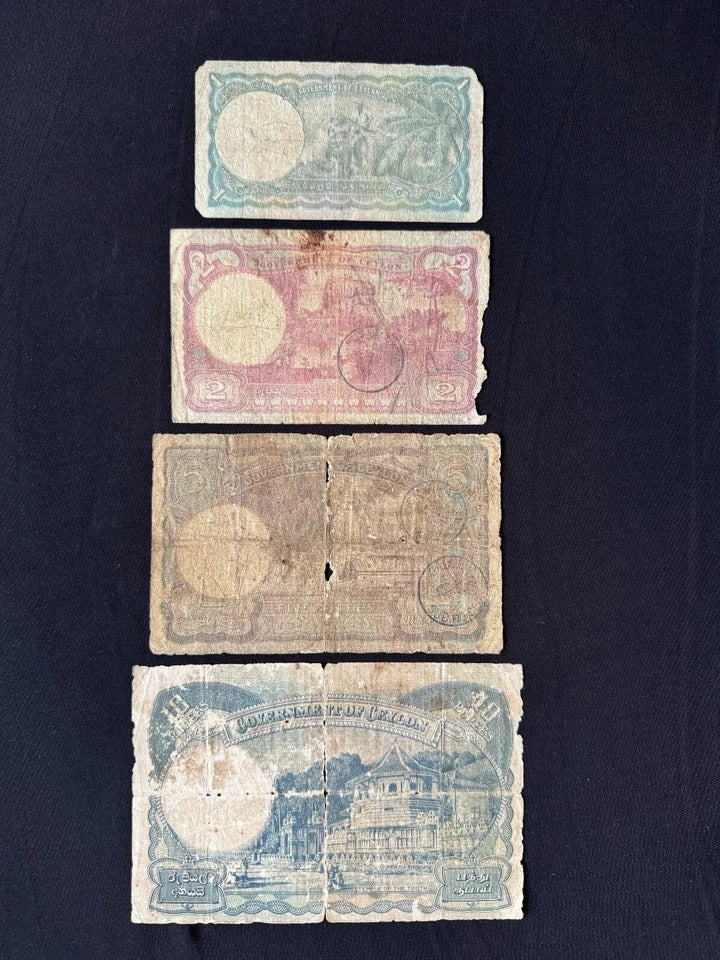British Ceylon 1, 2, 5, 10 Rupees Banknotes Old King George Bank Bills 4Pcs/Lot