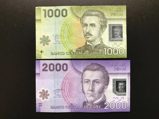 Chile 1000, 2000 Pesos Banknotes 2009-13 Polymer Paper Bank Bills 2pcs/Lot