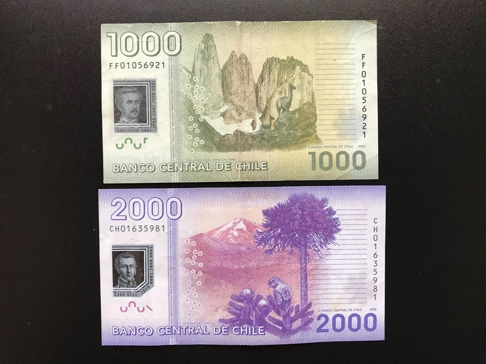 Chile 1000, 2000 Pesos Banknotes 2009-13 Polymer Paper Bank Bills 2pcs/Lot