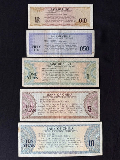 China 10 & 50 Fen 1, 5, 10 Yuan Banknotes 1979 Circulated FEC Bills 5 Pcs/ Lot