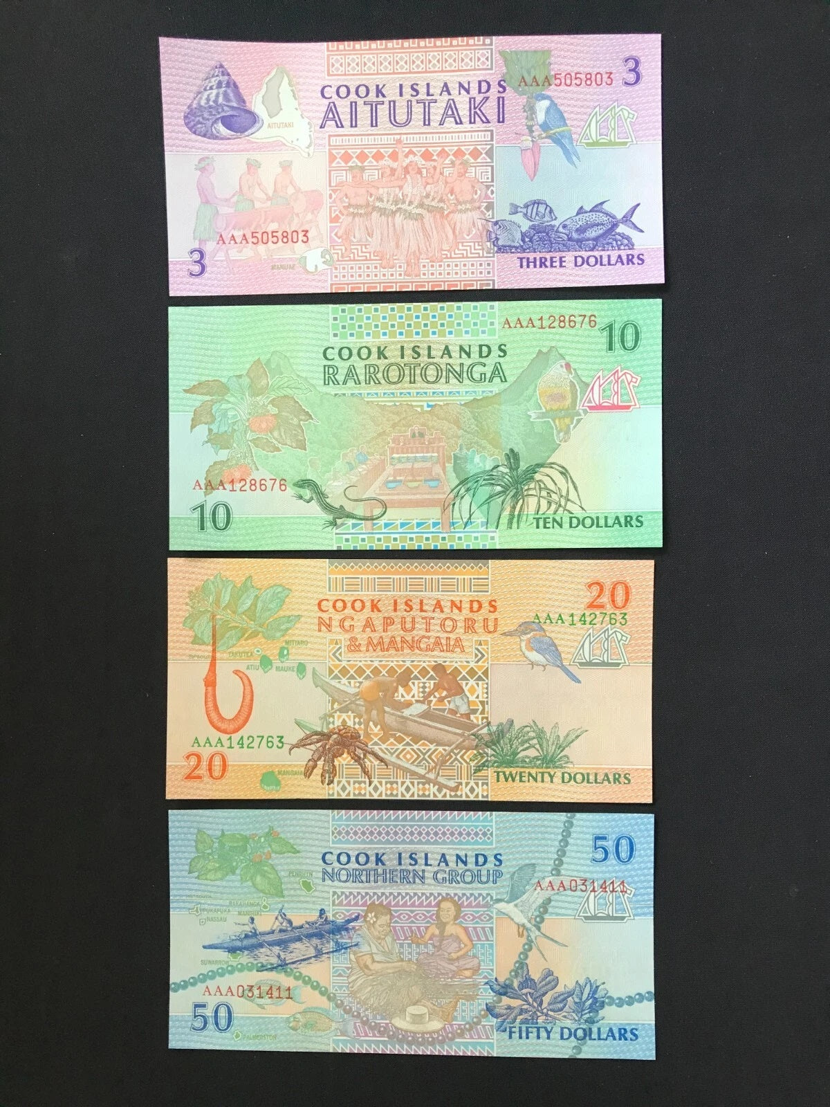 Cook Islands 3, 10, 20, 50 Dollars Banknotes UNC Bank Bills AAA Prefix 4Pcs/Lot